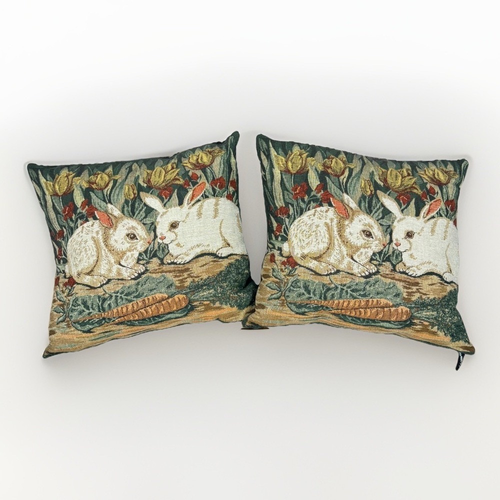 Vintage Needle Point Bunny Rabbit Tapestry Throw Pillows Pair Cushioned